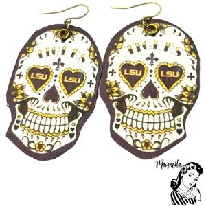 GEAUX Tigers Sugar Skull on real Leather hand cut earrings.